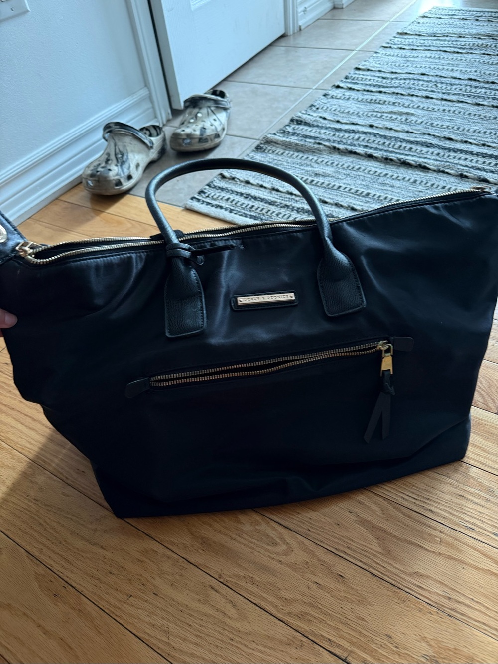 Poppy & Peonies Black Nylon Tote with Front Zip